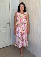 Аріна Марис. Легке плаття з рюшею плюс сайз. Рожеві квіти, 54-56