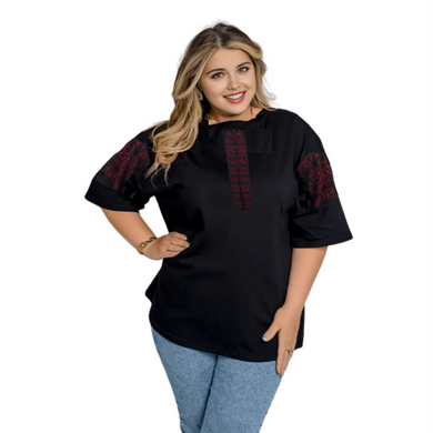 T-shirt oversize in taglie grandi. Red. Ethno., 50-52